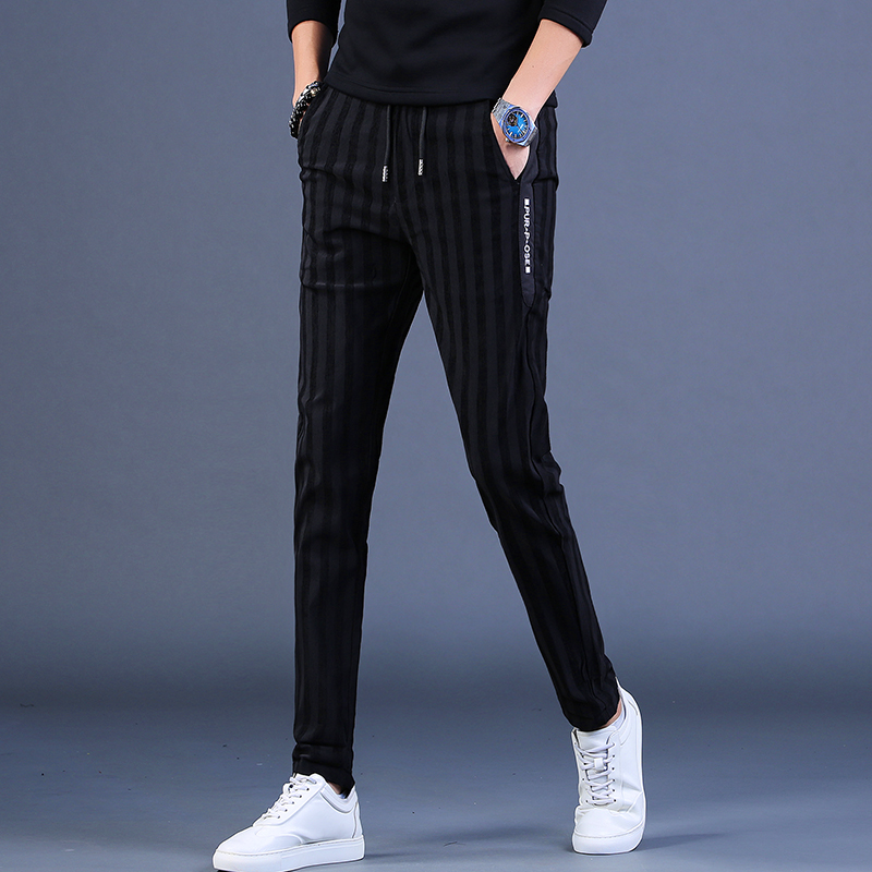 春季新款休闲裤男士修身韩版小脚裤束脚条纹裤百搭宽松长裤子男潮
