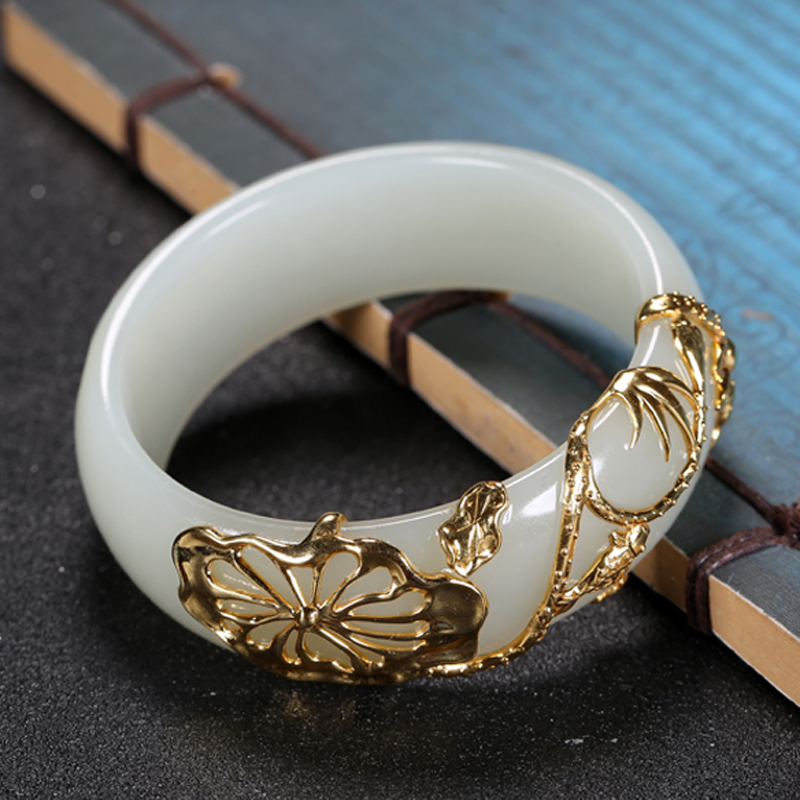 珠宝孤品和田玉籽金镶玉手镯连年有余玉镯镯子手饰