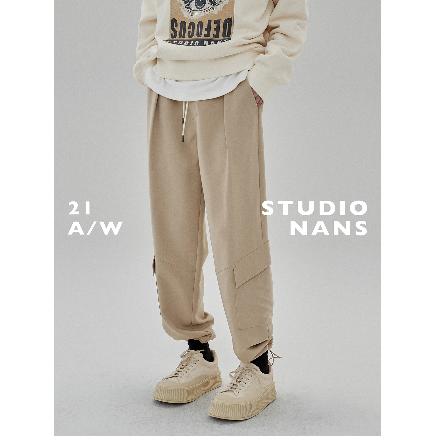 【NANS】肌理感重磅垂坠抽绳松紧腰下沉式多口袋可束口工装休闲裤