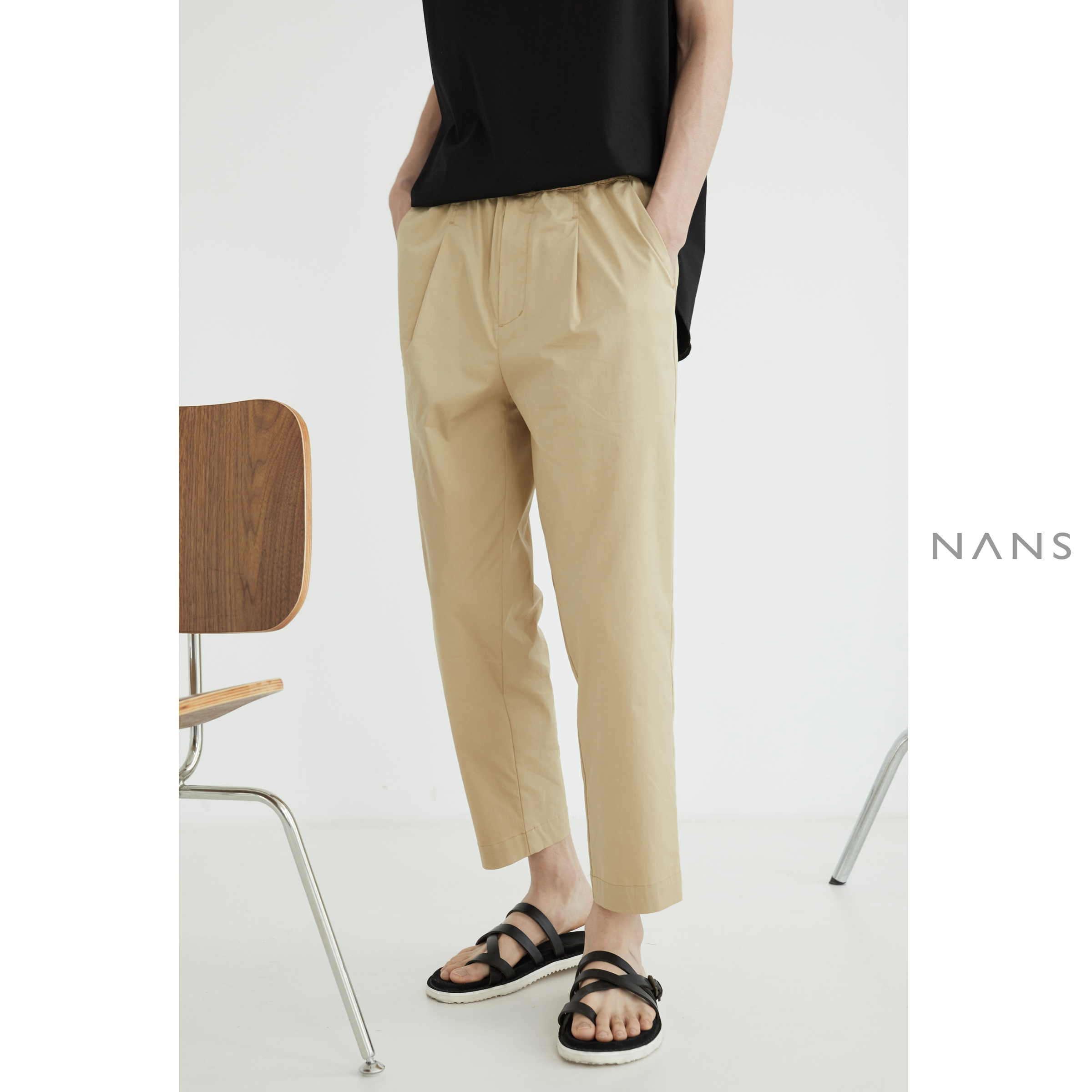 【NANS】尼龙棉弹力轻质褶皱感松紧腰九分裤 / NYLON LIGHT PANTS