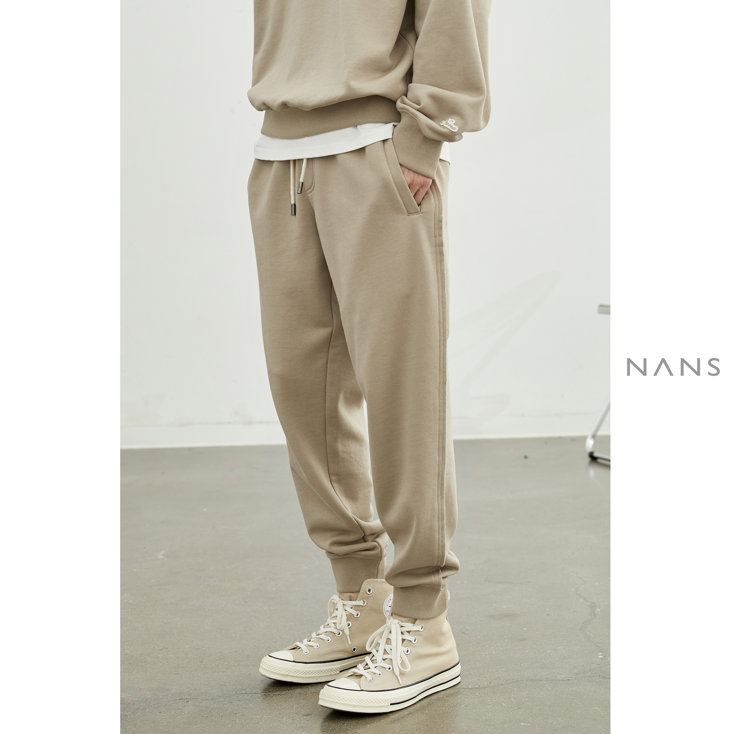 【NANS】全定制定染仿丝光重磅毛圈侧缝毛边松紧腰束口运动裤