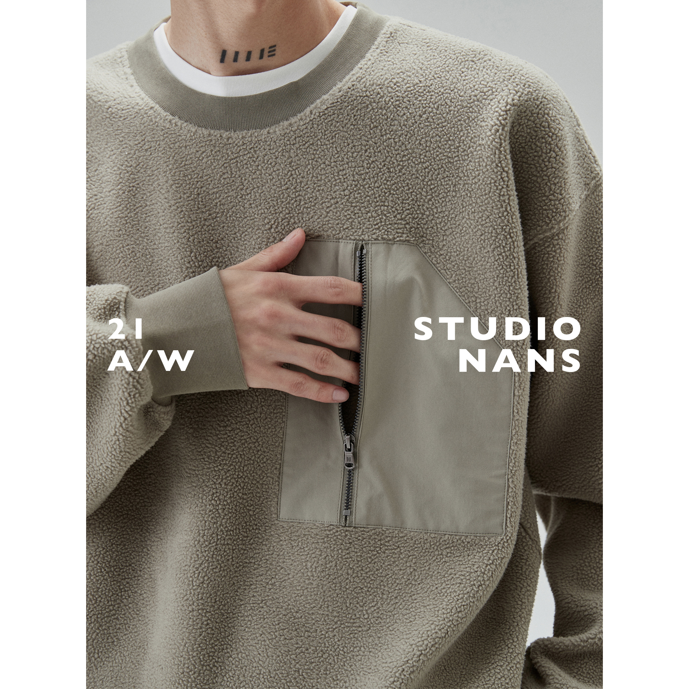 【NANS】异材质拼接拉链口袋颗粒绒廓形圆领卫衣/ POCKET SWEATER