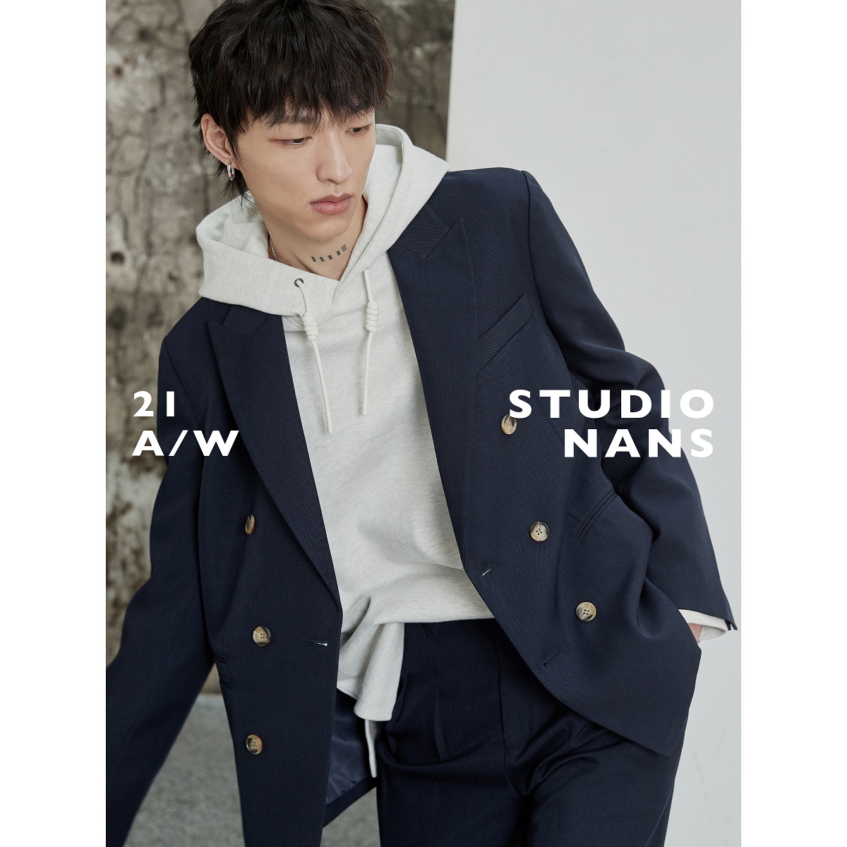 【NANS】日本进口华尔兹纱线复古戗驳领不对称口袋双排扣休闲西装