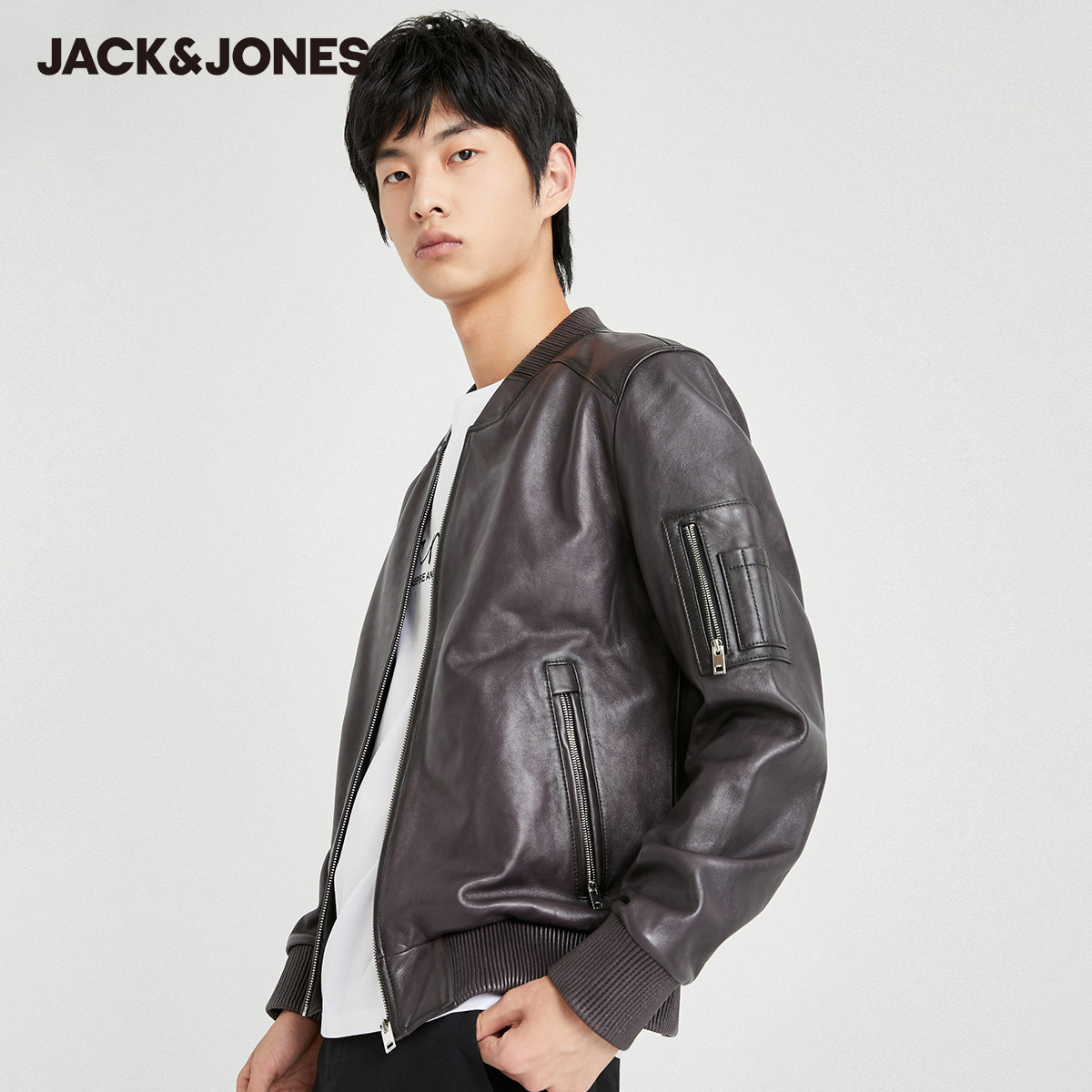 jackjones杰克琼斯秋季男装机车羊皮皮革夹克真皮皮衣皮衣
