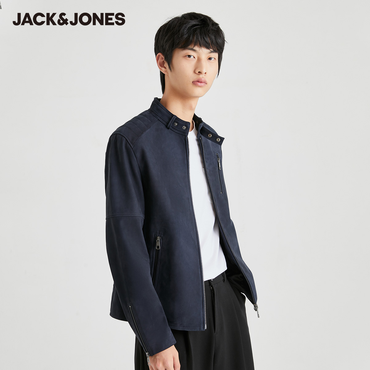 jackjones杰克琼斯秋季20男装帅气机车真皮茄克皮衣外套夹克潮d