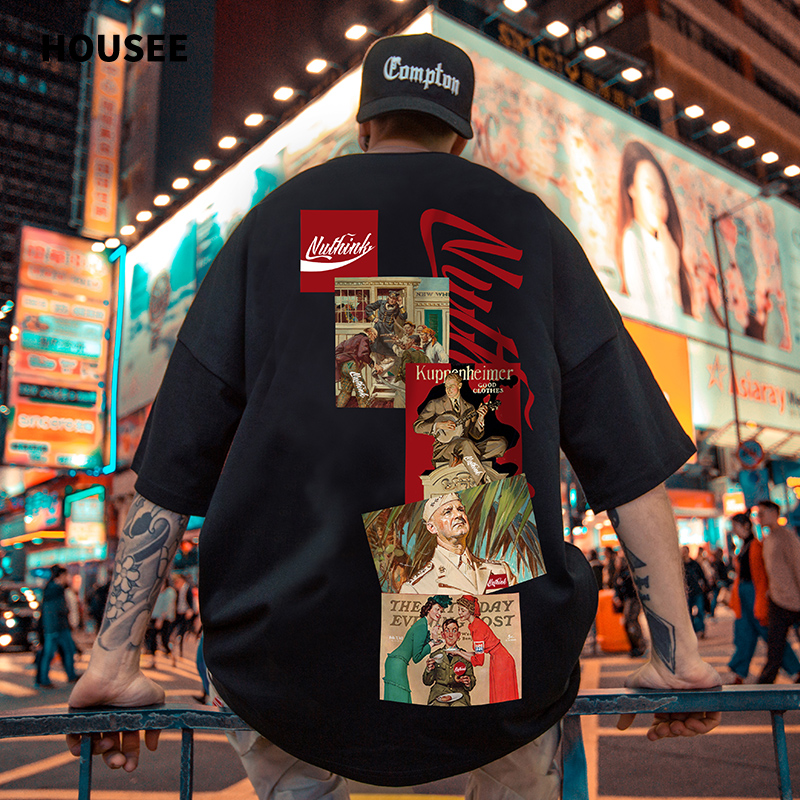 欧美街头复古慵懒风嘻哈半袖ins短袖男潮牌宽松潮胖子大码男装T恤