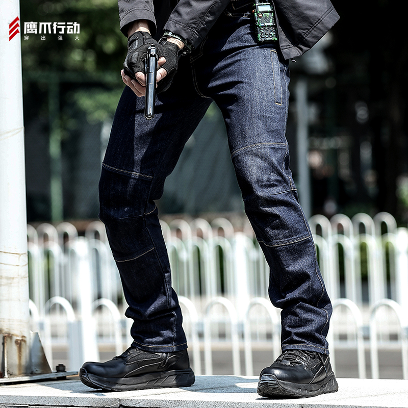 鹰爪行动战术牛仔裤男弹力修身户外秋冬加厚多口袋工装裤作战长裤