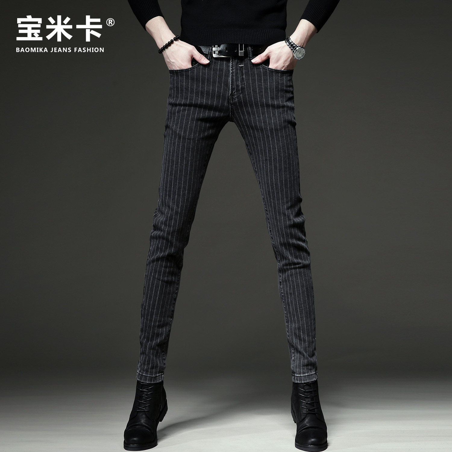 香港高端夏季新款竖条纹牛仔裤男韩版修身弹力小脚休闲长裤子潮牌