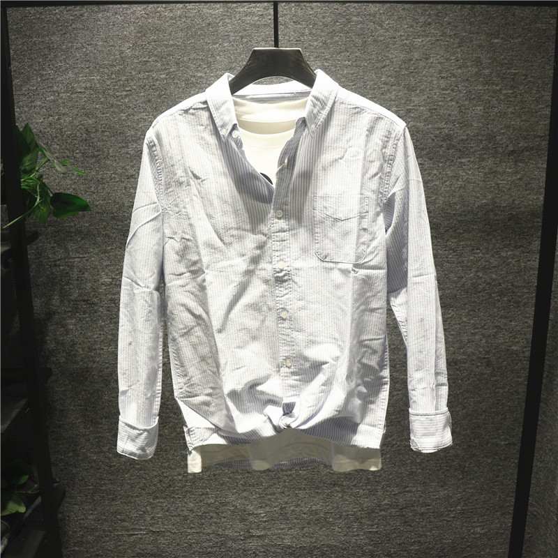 魔舰舒适轻薄宽松棉麻衬衣竖条纹港风ins寸衫男长袖衬衫方领上衣