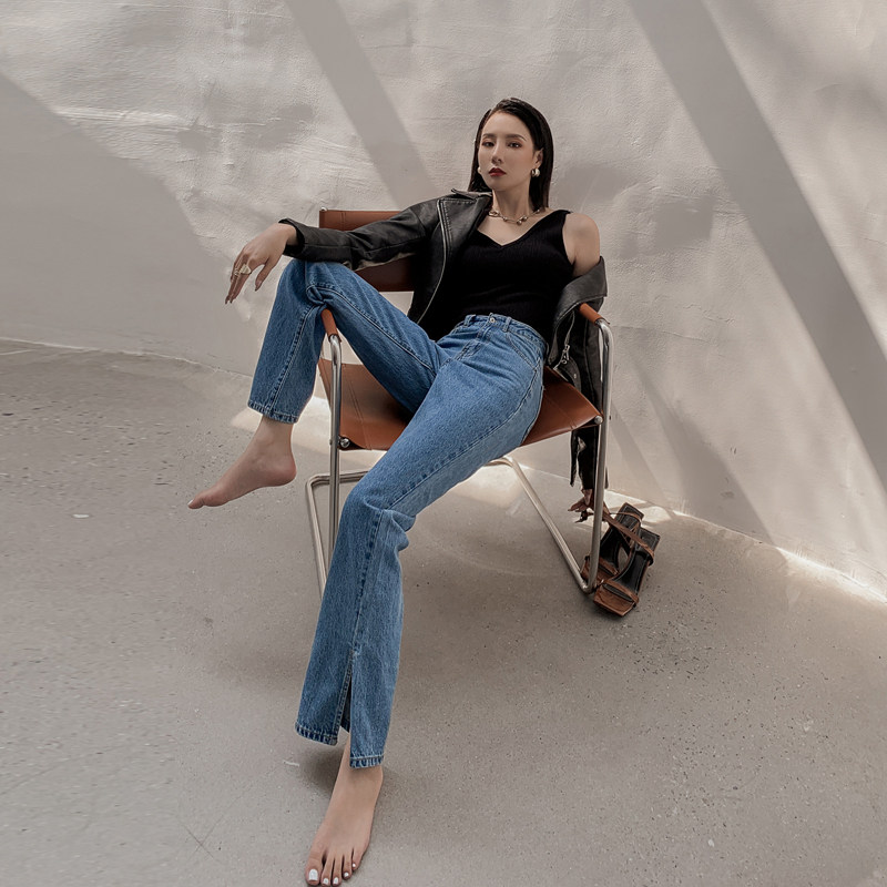 开叉拖地牛仔裤2021秋季新款百搭高腰阔腿显瘦牛仔裤