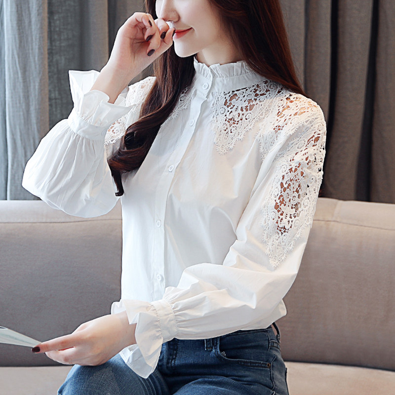 蕾丝纯棉上衣镂空宽松灯笼衬衣打底长袖拼接衬衫