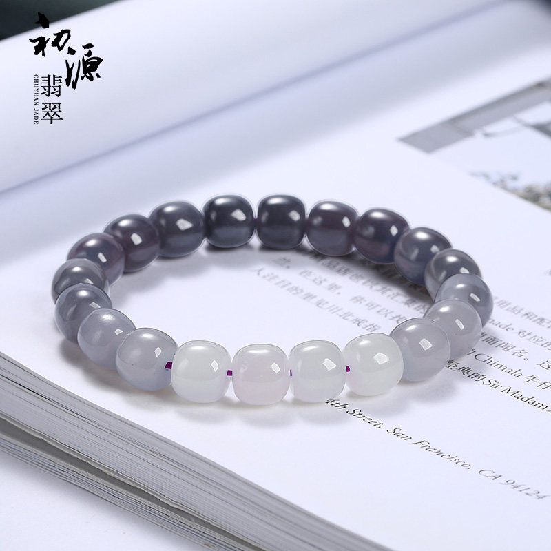初源和田玉手串女烟紫玉变色老型桶珠手饰