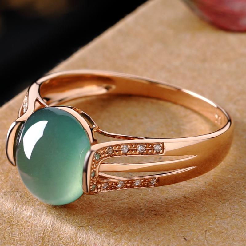 女款戒指18k初源油青种蛋翡翠玫瑰金镶嵌镶嵌戒指