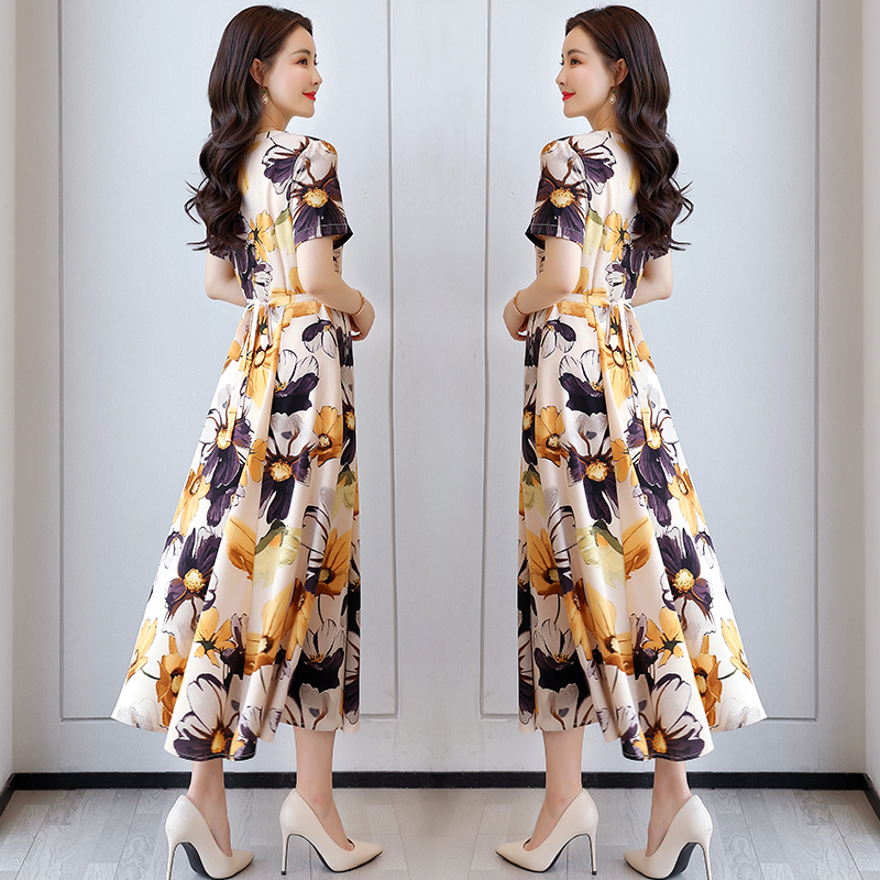 V领雪纺妈妈连衣裙2022年夏季新款气质显瘦减龄长款印花长裙子女