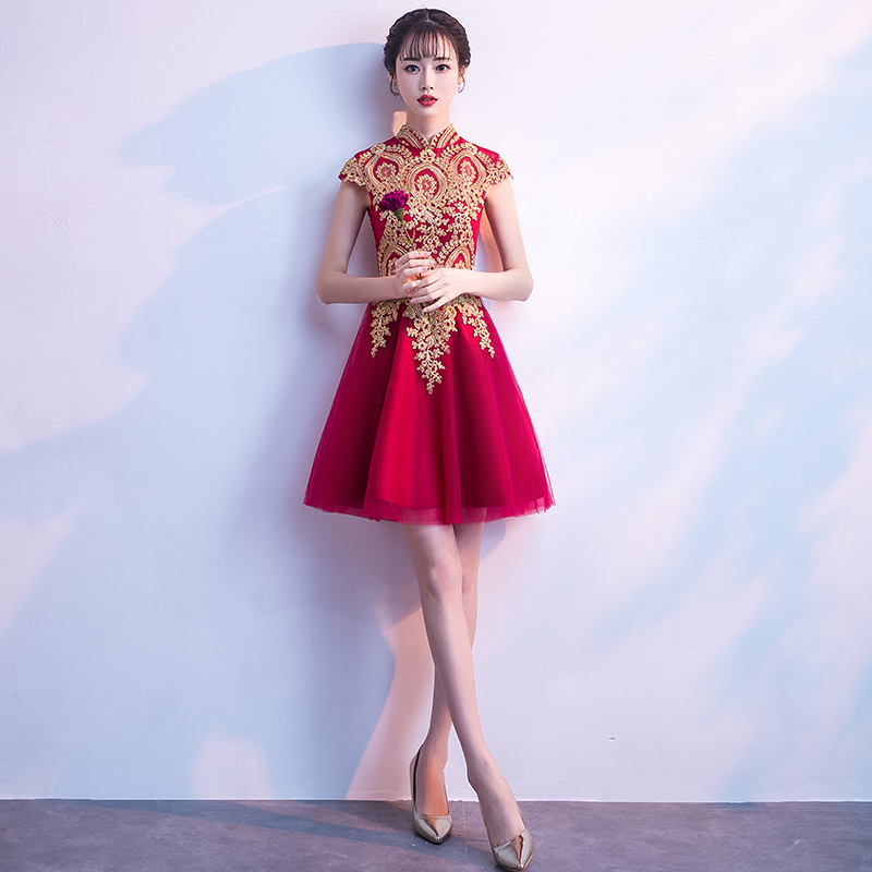 新娘敬酒服2018新款冬季中式红色短款修身结婚订婚宴会小礼服裙女