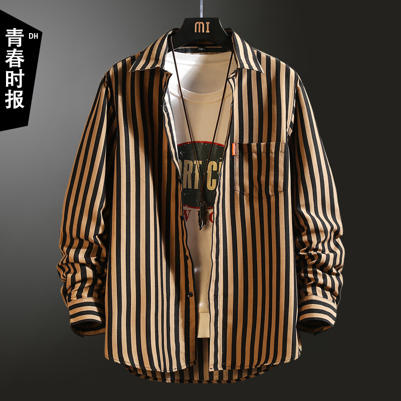 男士竖条纹衬衫男长袖韩版修身潮流帅气冰丝秋季痞帅日系港风衬衣