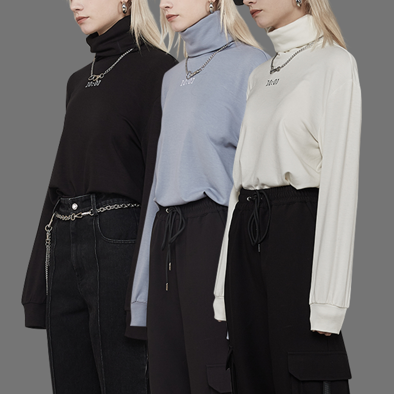 ANYQUESTION?/黑白蓝三色刺绣 加绒温暖高领打底衫卫衣