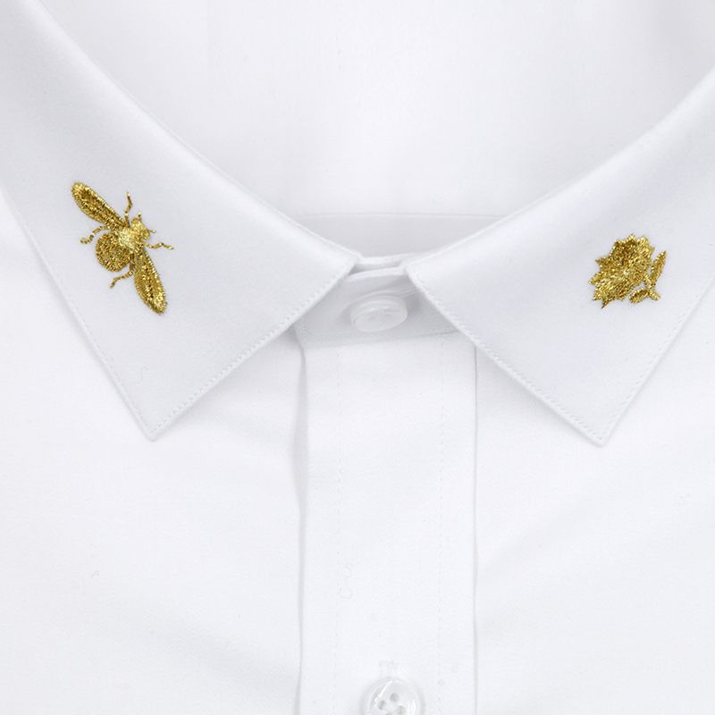 gievescharles金色蜜蜂领边刺绣纯白衬衫个性棉质长袖男士衬衣
