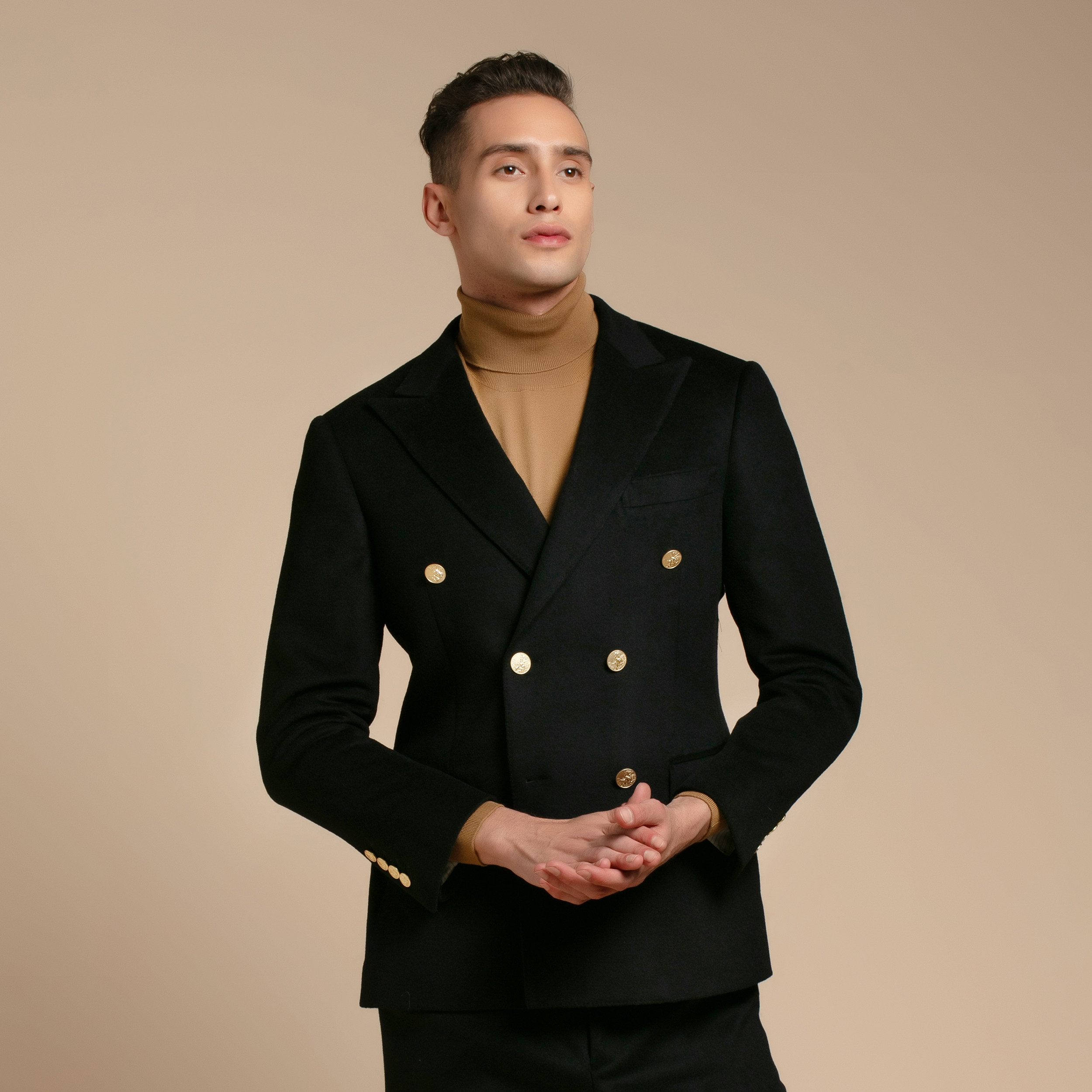 gievescharles限量黑色羊毛双排金扣手工秋冬时尚休闲西服