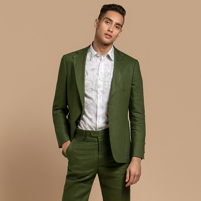 gievescharles春夏亚麻面料时尚修身绿色休闲男士西服套装