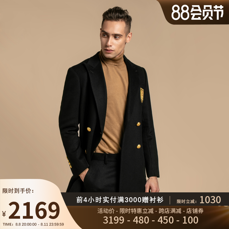 GIEVES CHARLES意大利风格秋冬长款金色徽章纯羊毛男士大衣外套