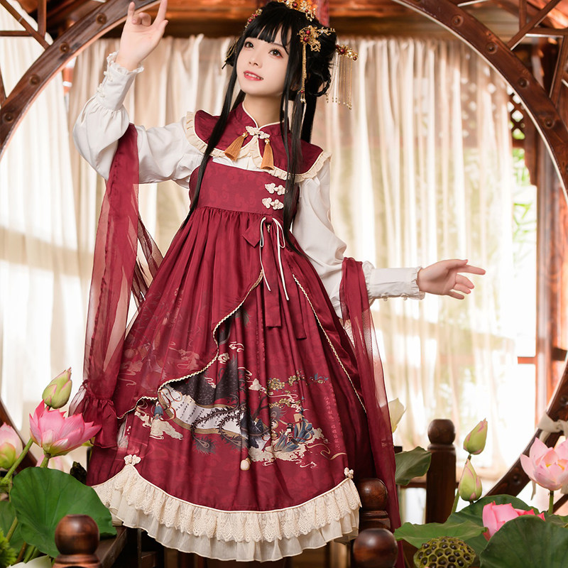 定金预售原创lolita山河中华风汉元素红色新年洛丽塔连衣裙