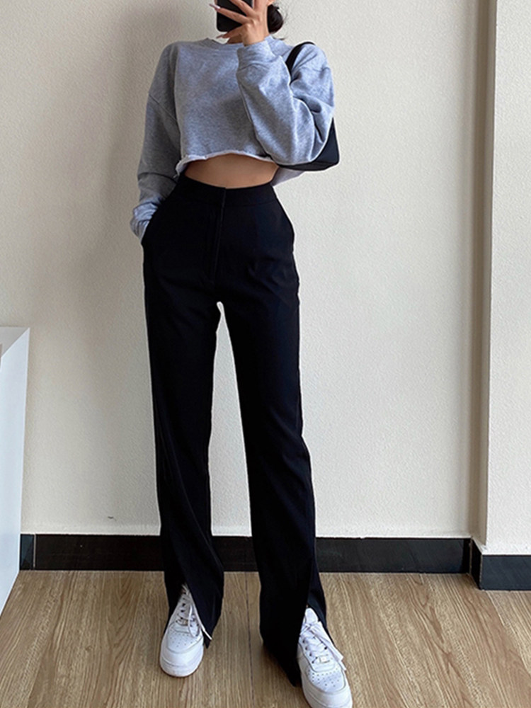 超高高腰裤子子女肚脐梨形身材穿搭显瘦宽松休闲裤