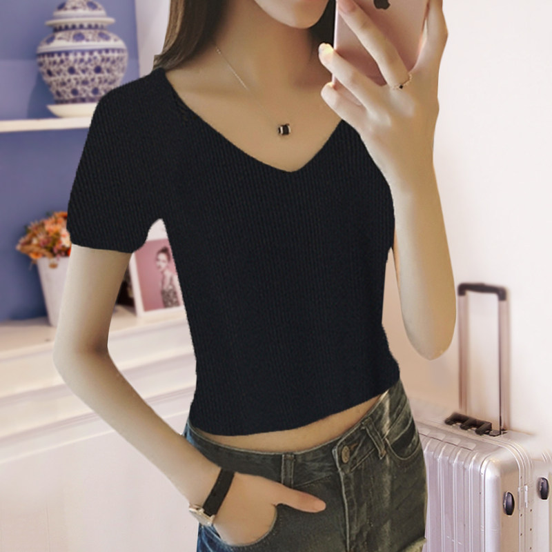 超短款女装露肚脐上衣半袖纯棉修身高腰褶皱性感紧身短袖t恤女夏