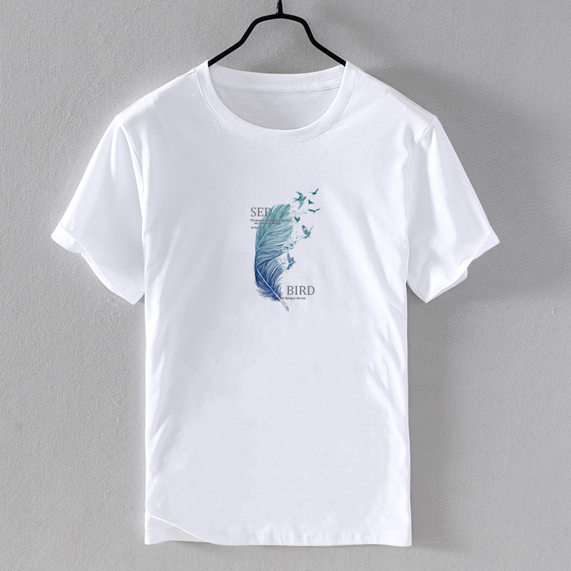 中国风复古宽松纯棉休闲T恤短袖流行衬衣男小鸟植物大码羽毛印花