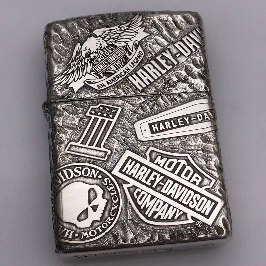 哈雷zippo纯银精雕11章五面复古雕刻防风骷髅zippo