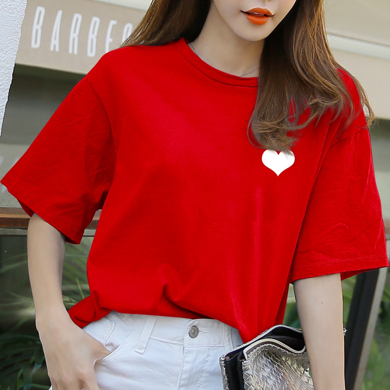 纯棉短袖2021新款宽松恤女红色上衣学生韩版t恤