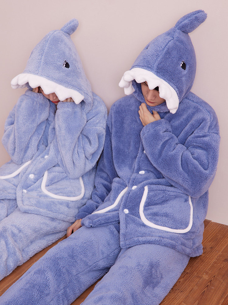 鲨鱼情侣款睡衣冬季新款加厚家居服套装