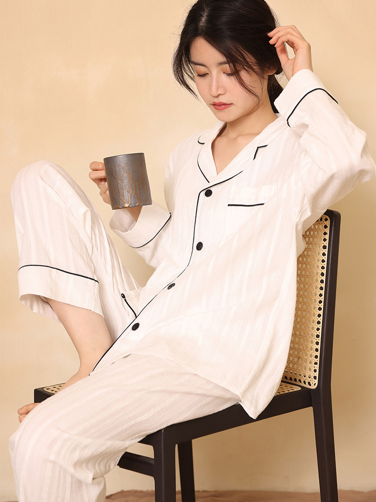 2022春夏纯棉长袖衬衫睡衣白色男友空调宽松睡衣