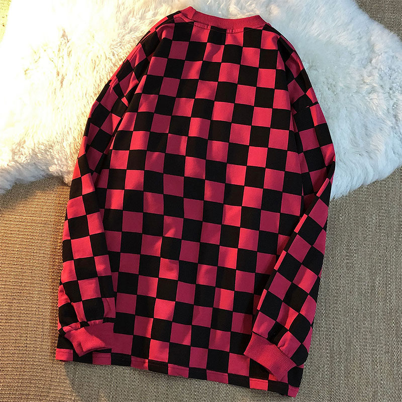 美式复古棋盘棋盘格格子卫衣女春秋秋季情侣闺蜜卫衣