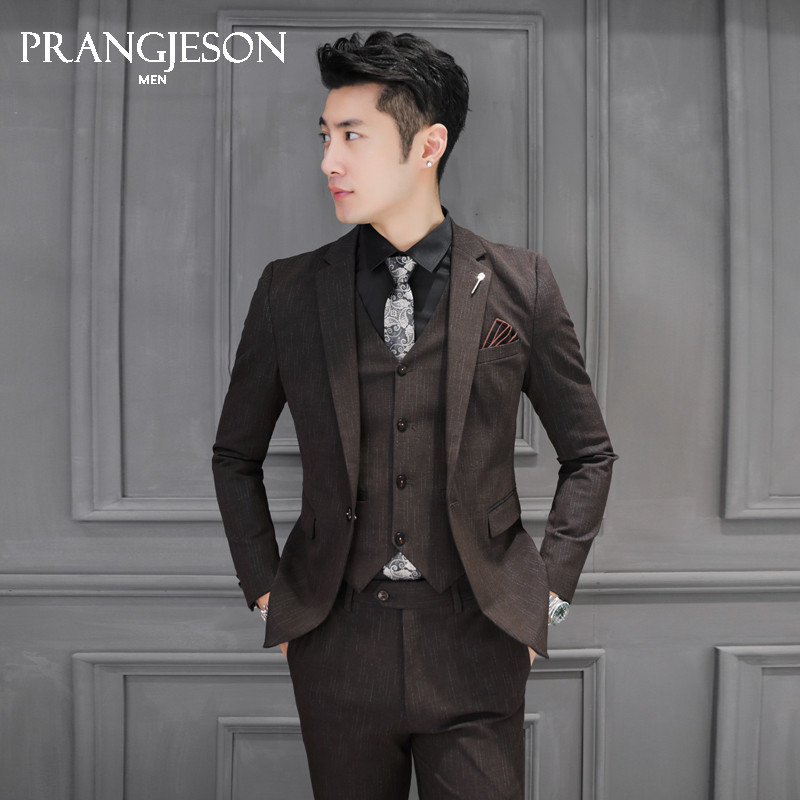 秋冬款条纹西装男套装英伦风修身新郎结婚西服套装商务正装三件套