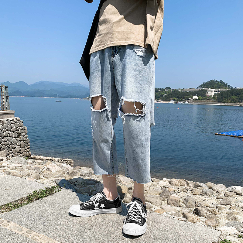 破洞牛仔裤男薄款夏季宽松直筒八分裤子潮流潮牌休闲百搭七分短裤