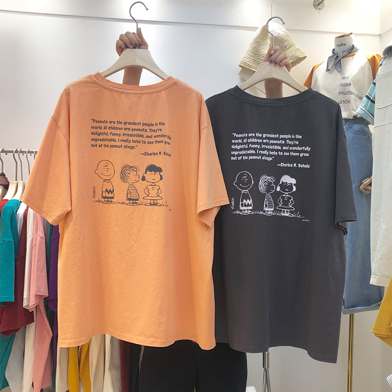 欧洲站大版短袖潮牌涂鸦t恤女装2020夏新款宽松橘色欧货体恤ins潮