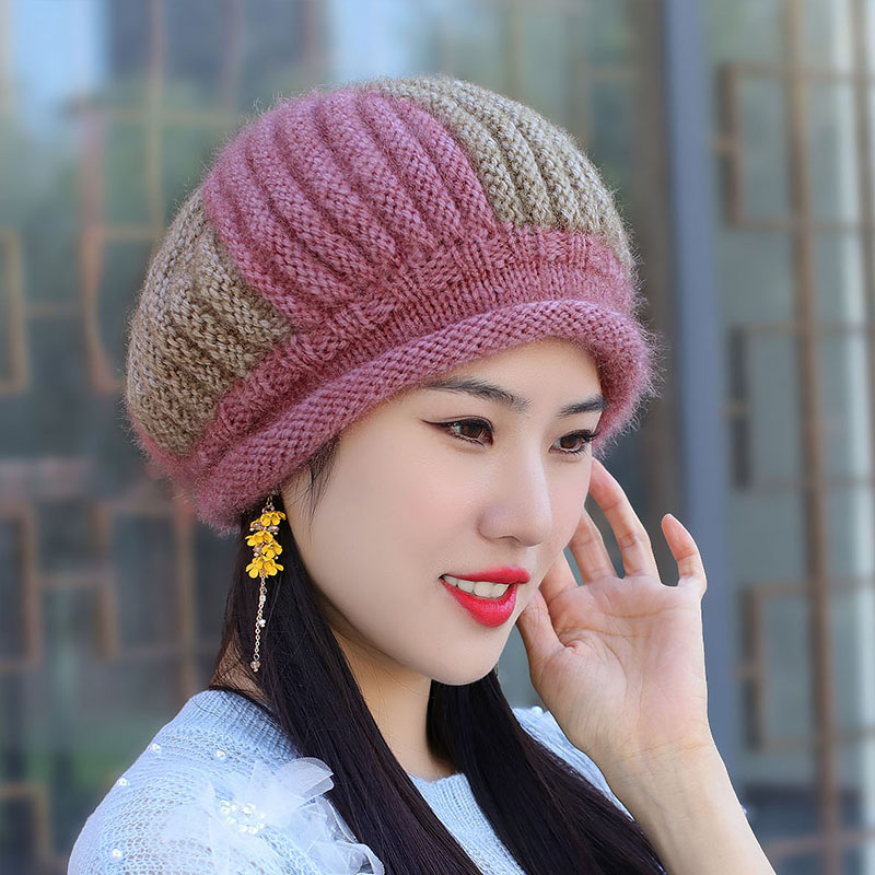 秋冬卷边松鼠针织毛线帽拼色贝雷帽中老年冬季大码帽子