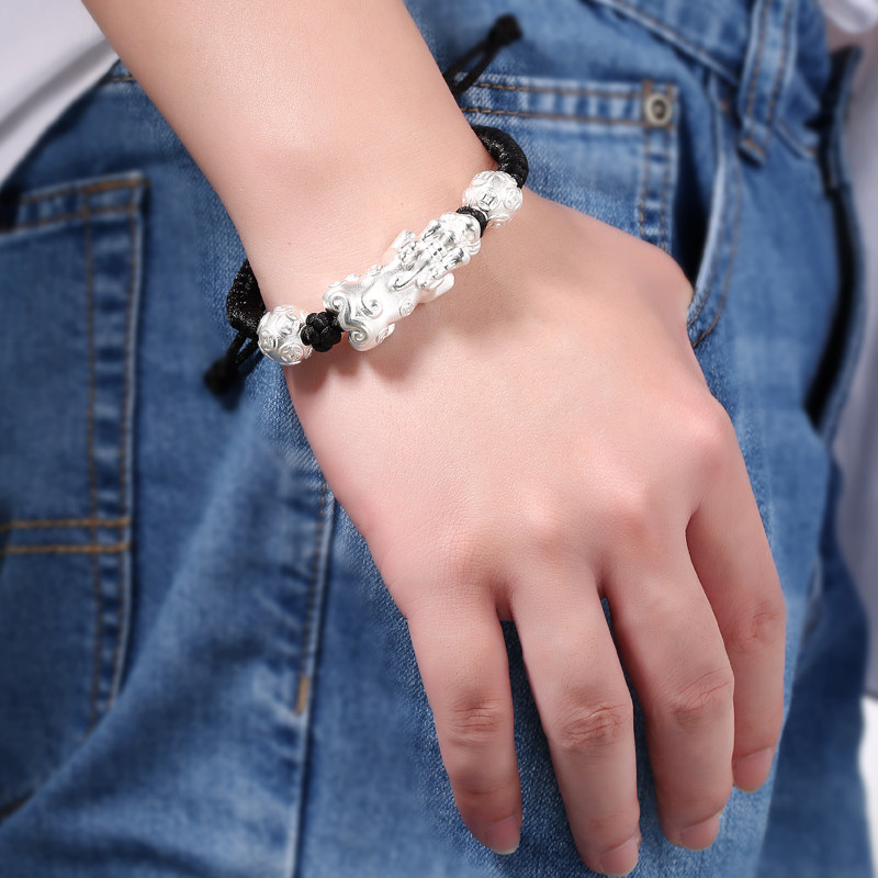 足银招财貔貅男士手链纯银皮丘银珠编织手绳手链