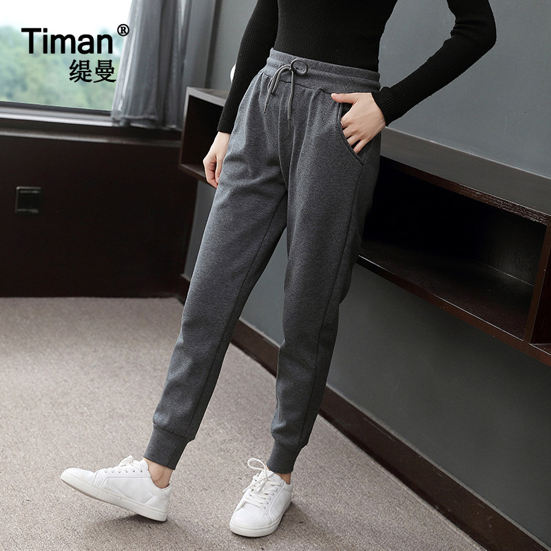 加绒运动裤女宽松中年妈妈裤子加厚灰色束脚休闲裤