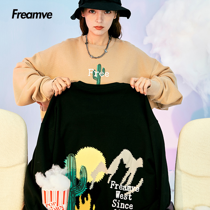 Freamve春季新款仙人掌印花卫衣 情侣装男女同款休闲宽松嘻哈长袖