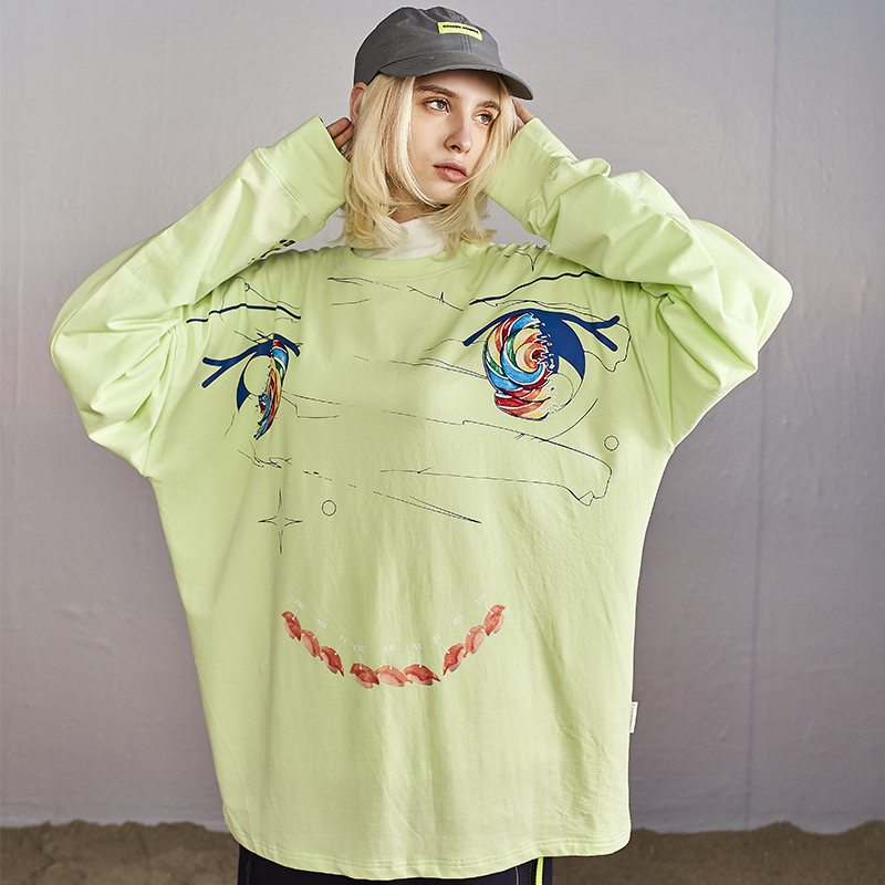 Freamve棒棒糖蒸汽波笑脸卫衣国潮嘻哈风宽松圆领情侣长袖衫