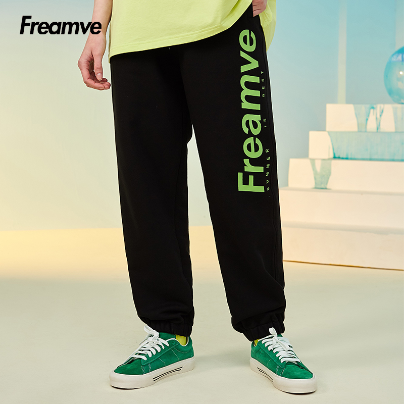 Freamve基础字母印花撞色潮牌新款情侣装休闲束脚裤宽松小脚裤ins
