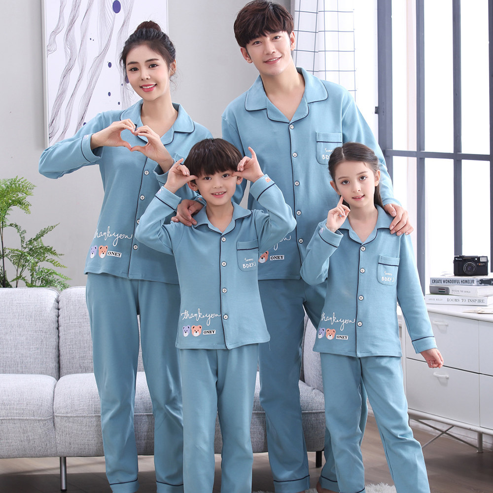 春秋家居服母女男孩家庭四口亲子三口一家长袖睡衣