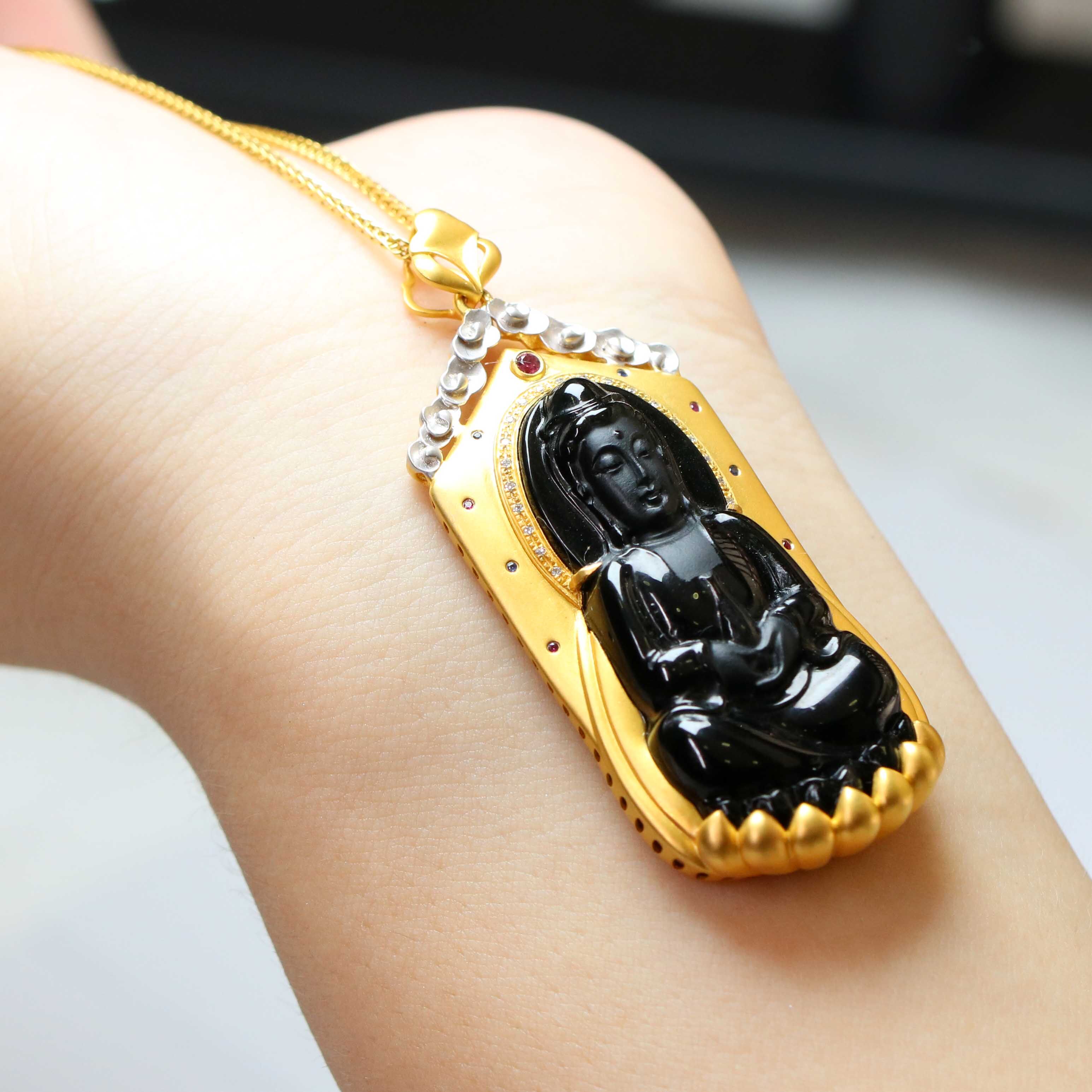 翡翠缅甸玉帛直播挂件吊坠观音墨翠镶嵌金镶嵌颈饰