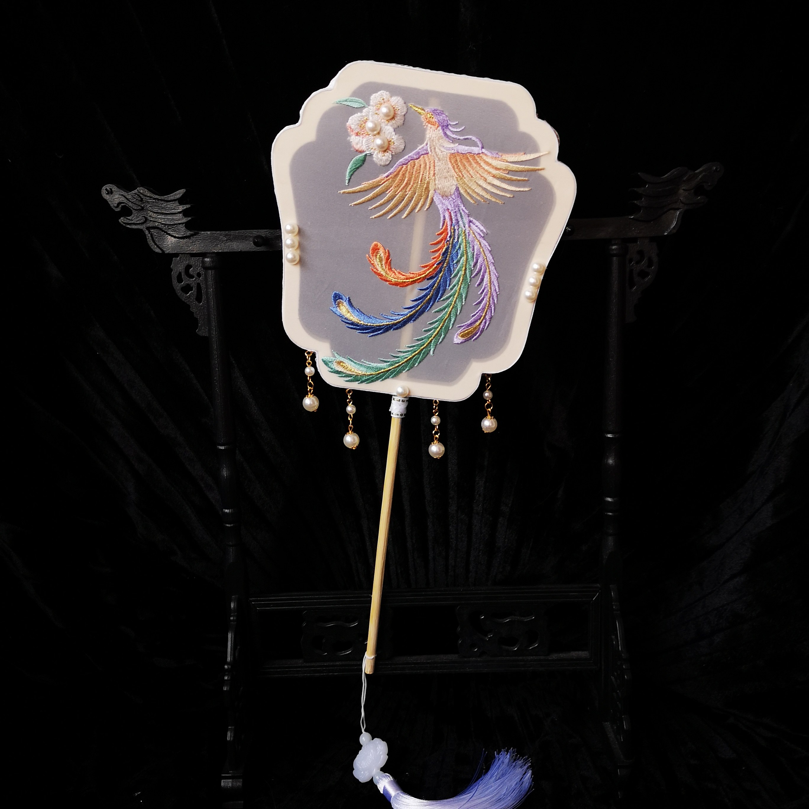 掌扇儿童扇子走秀汉服女童团扇刺绣古风长柄工艺扇