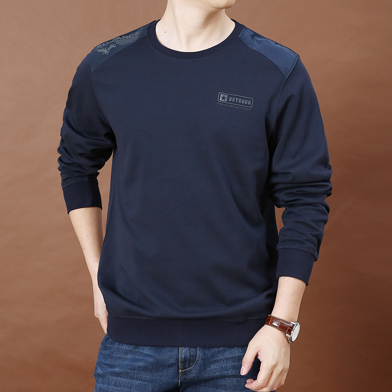 运动休闲圆领长袖t恤男士春秋季上衣服新款时尚大码纯色体恤衫男