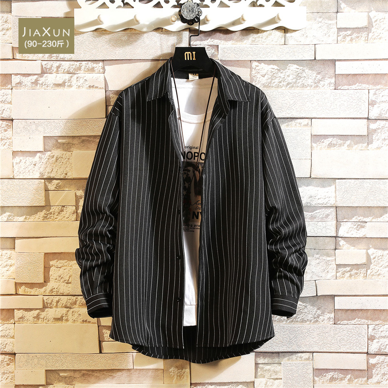 竖条纹衬衫男士长袖夏季潮ins设计感小众潮流日系衬衣胖大码外穿