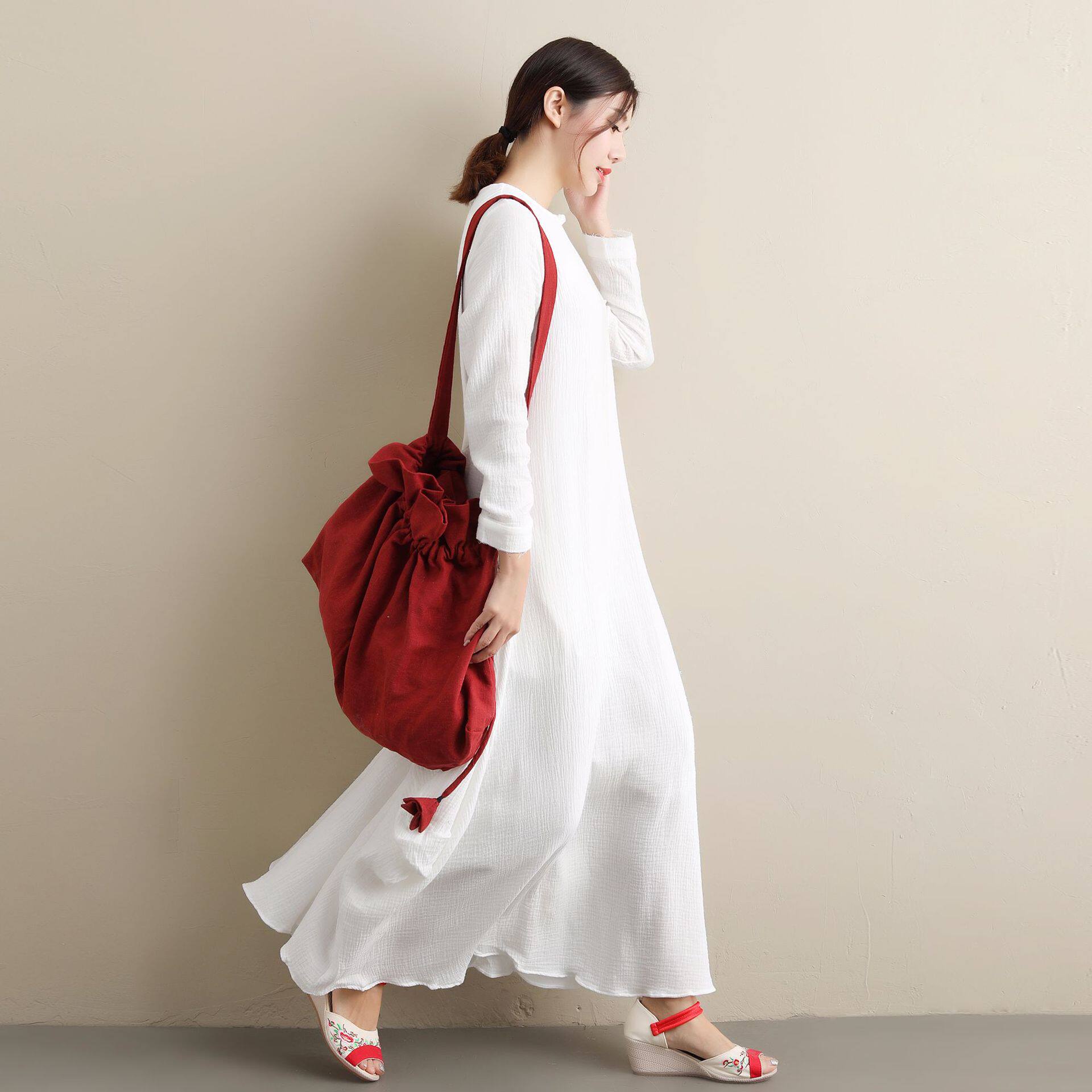 佛系禅意裙亚麻秋冬长款古风连衣裙民族风格女装复古棉麻改良旗袍