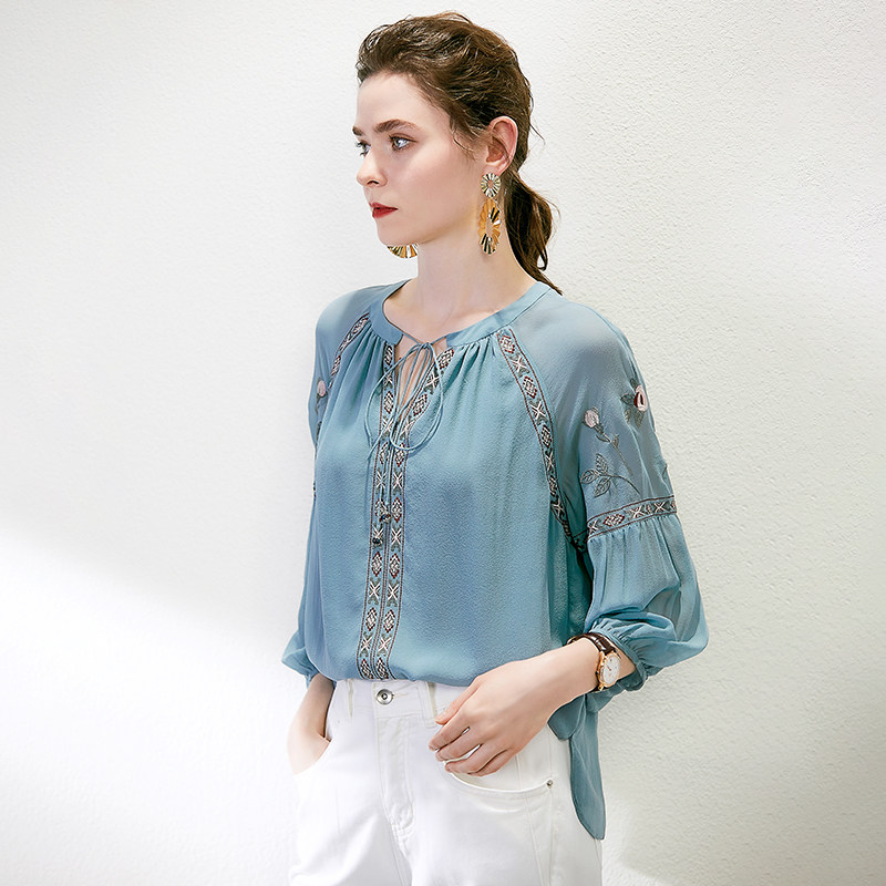 真丝衬衫女2020新款夏设计感小众复古刺绣宽松桑蚕丝上衣洋气小衫
